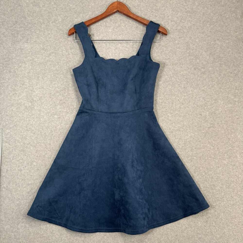 Alya Faux Suede Skater Dress Womens S Blue Scallop Neckline Fit Flare Mini Short